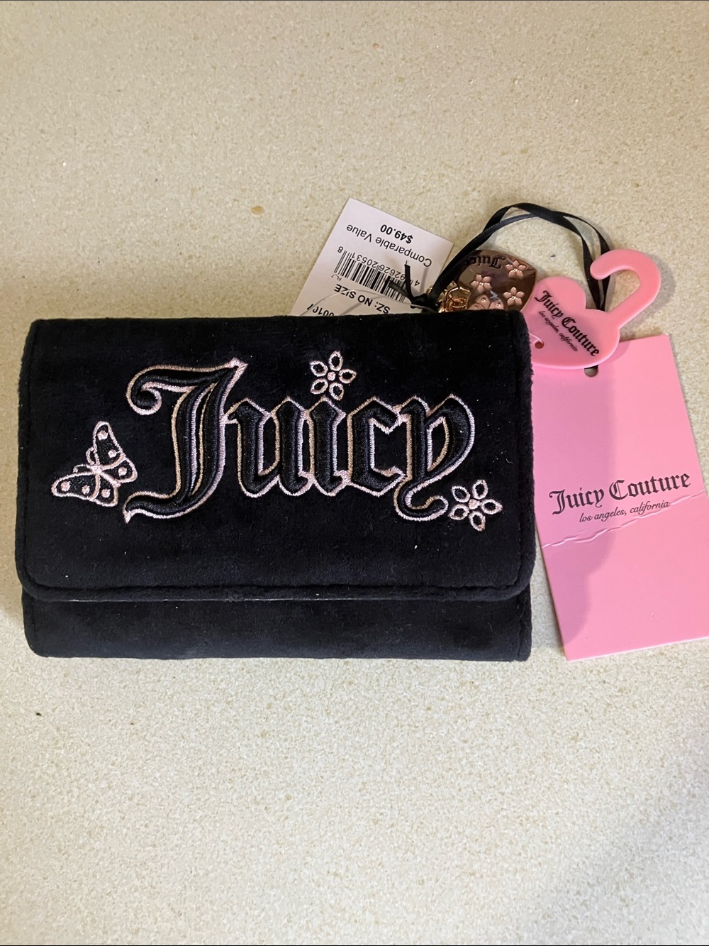 Juicy Couture Black Velvet Trifold Wallet with Pink Embroidery and Tag